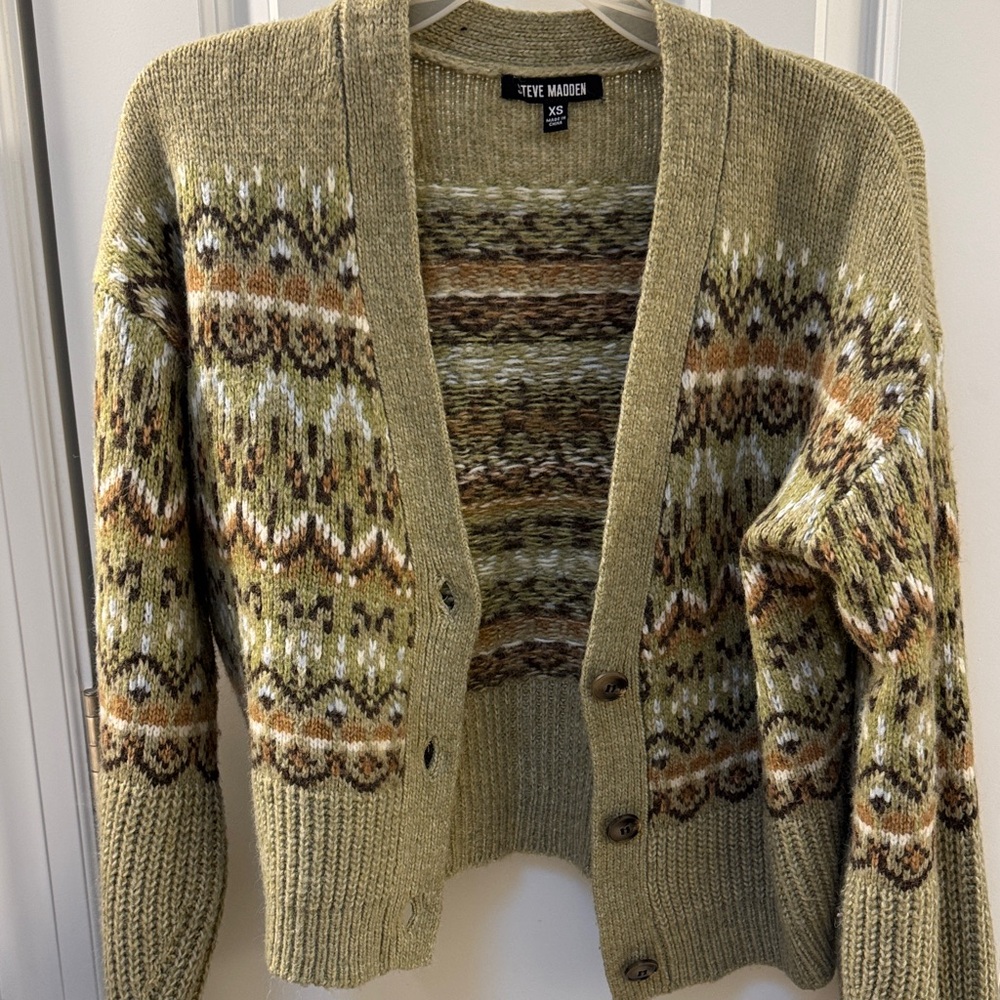 Steve Madden Olive Green Fair Isle Knit Cardigan